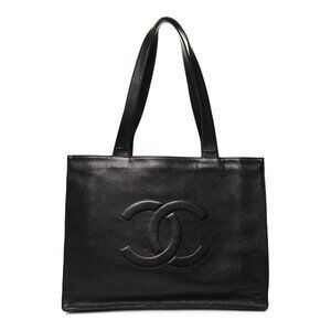 Authentic CHANEL Classic CC Caviar Logo Shoulder Tote Bag Black Leather Purse